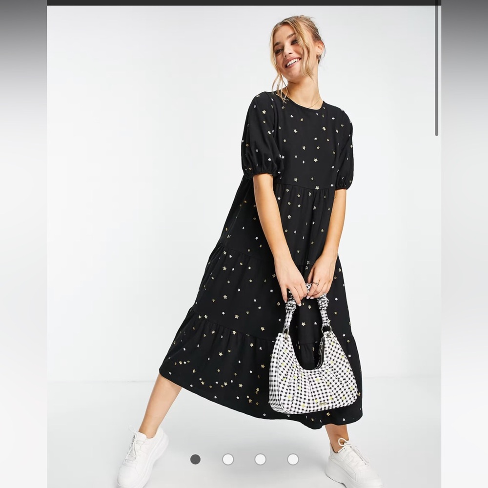 ASOS DESIGN midi tiered smock dress with all over star embroidery in black